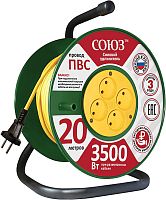 Удлинитель силовой на катушке 4 гнезда без заземления СОЮЗ ПВС (2х1,5мм) 3500Вт 50м