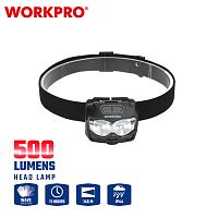 Фонарик налобный, светодиодный 500LM, перезаряжаемый WORKPRO
