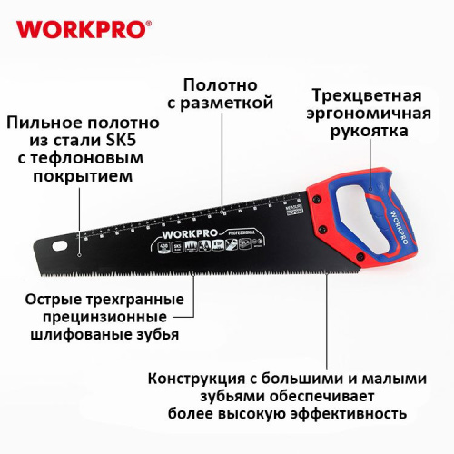 Ножовка по дереву 450мм с ТЕФЛОНОВЫМ покрытием 8TPI , SK-5 WORKPRO Ножовка по дереву 450мм с ТЕФЛОНОВЫМ покрытием 8TPI , SK-5 WORKPRO